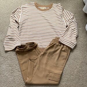 Michael Kors Beige and White Striped Top with Tan Pants